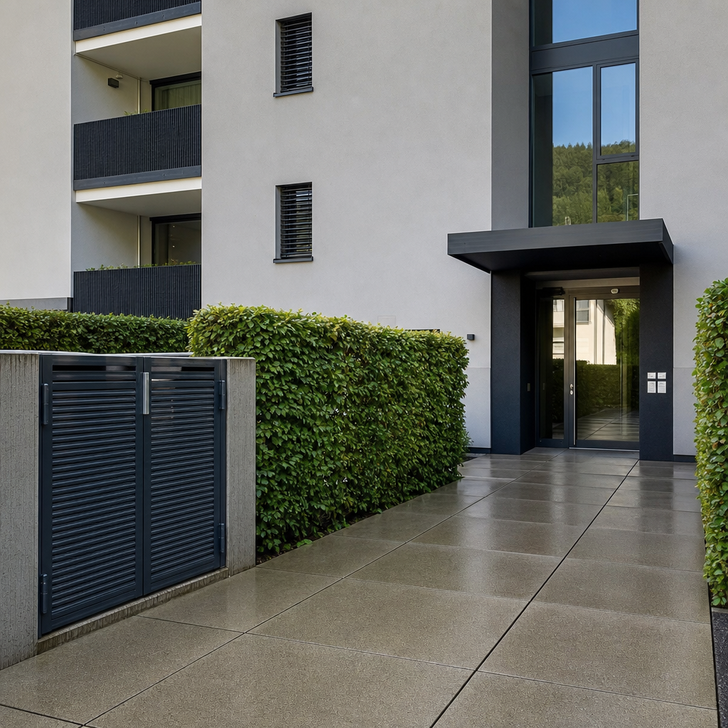 Sauber gereinigter Vorplatz mit Zugangsweg und Containerstandort einer Wohnliegenschaft