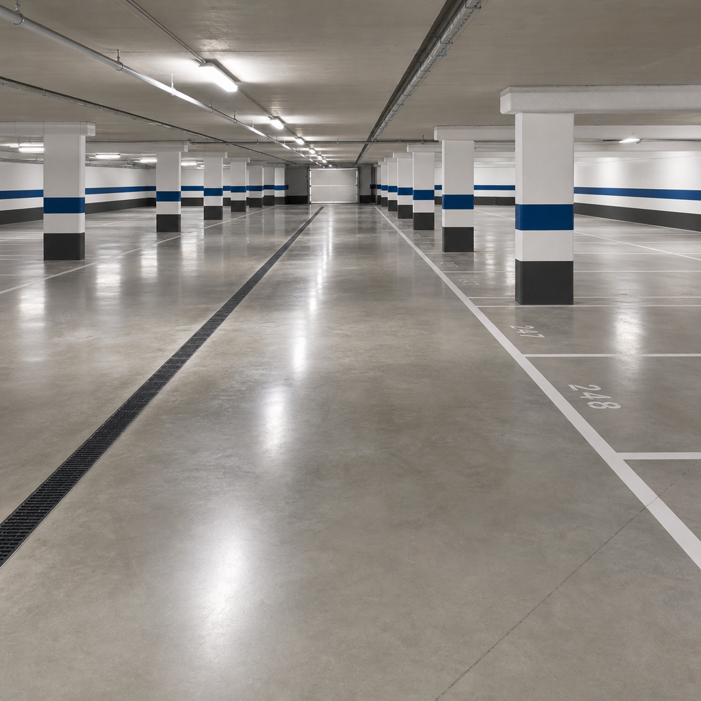 Leere, frisch gereinigte Einstellhalle mit markierten Parkfeldern und sauberem Betonboden