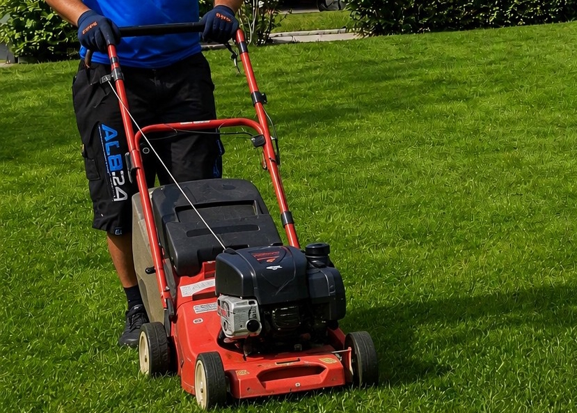 Rasenmäher der ALB24 GmbH im Einsatz auf einer gepflegten Rasenfläche